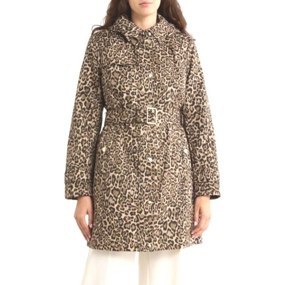 Michael Kors Womens Brown Leopard Zip Water Resistant  Mid Trench Coat Sz M New